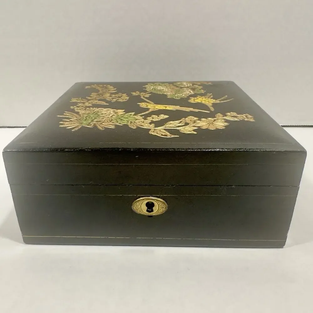 Vintage Florentine Wood Box, Made in Italy, Hand Painted, Black Square Numbered